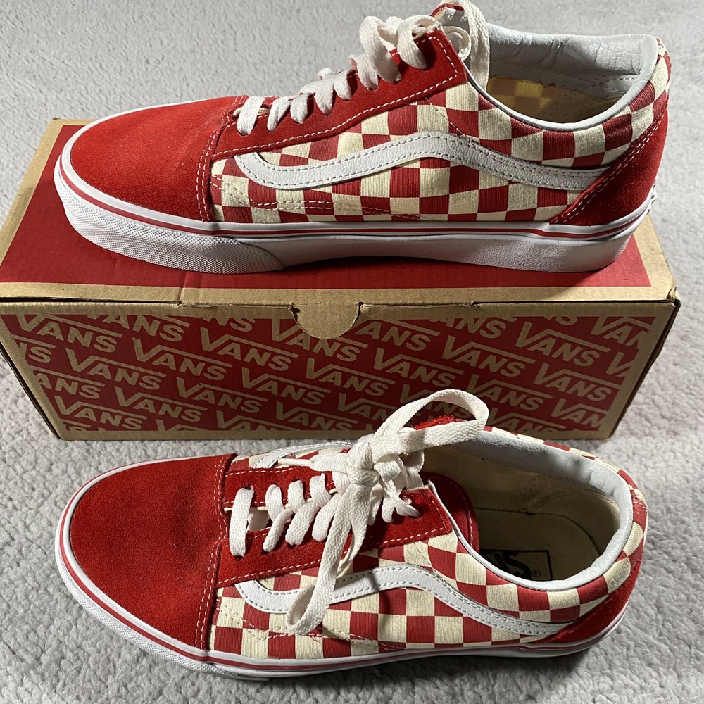 VANS Old Skool  Crimson Red White Checker Skate Shoes Men Sz 7.5 Wmn's 9