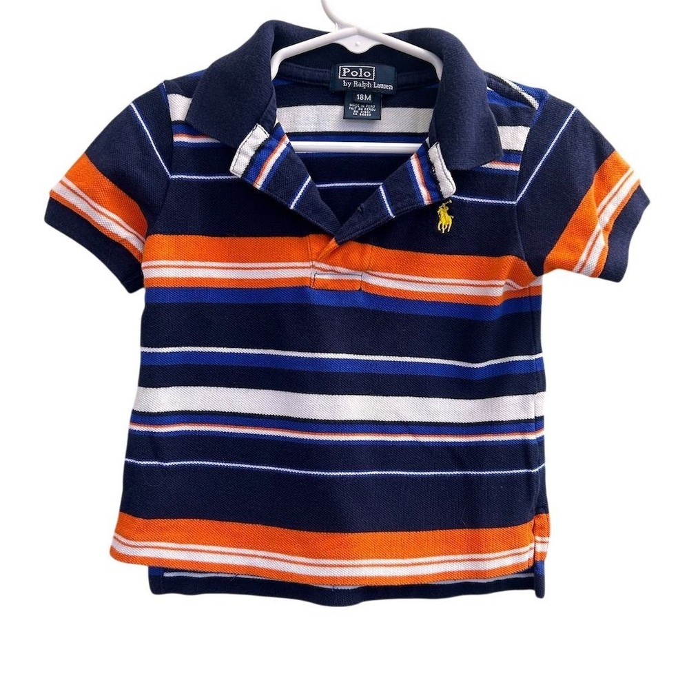 Polo by Ralph Lauren Baby Boys 18M Navy Orange White Stripe Pique Polo Shirt