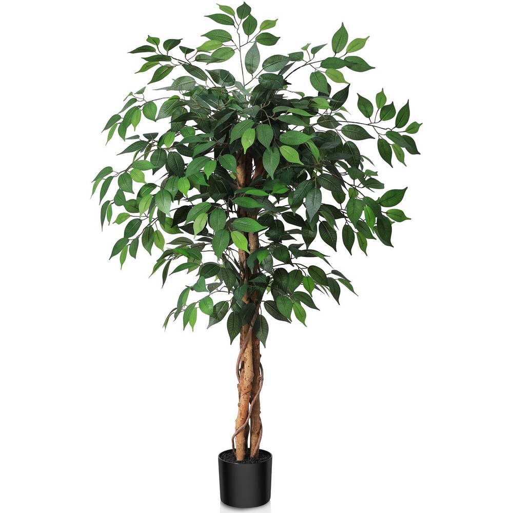 4ft Artificial Ficus Tree with Natural Wood Trunk, Silk Fake Ficus Tree in Pl...
