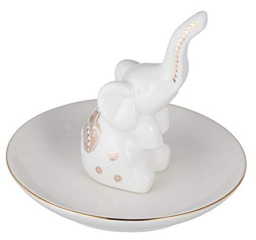 Ceramic White Elephant Ring Holder with Decorative Gold Design Elephant