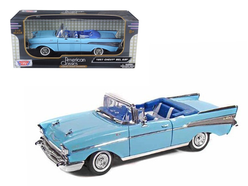 1957 CHEVROLET BEL AIR CONVERTIBLE LIGHT BLUE 1/18 DIECAST CAR BY MOTORMAX 73175