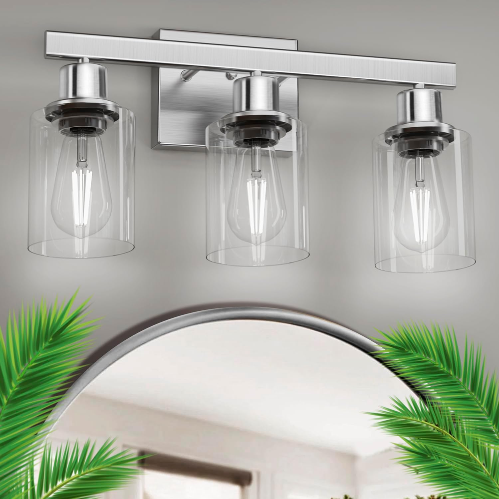 3-Light Nickel Bathroom Vanity Fixture with Clear Glass Shades