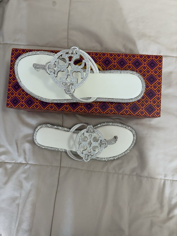 Tory Burch Miller Crystal Sandals White Size 7 Women’s New w/ Box Fast Shipping