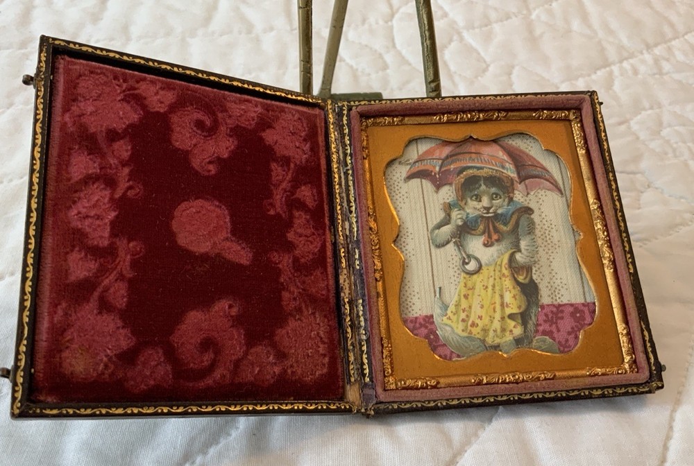 Antique Victorian Die Cut Ephemera Framed, Full Union Case, Kitty Cat, Parasol