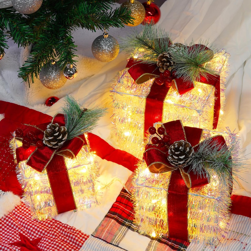 Set of 3 Plug-in Christmas Lighted Gift Boxes with 60 LED Lights for Festive Holiday Ornaments and Decorations