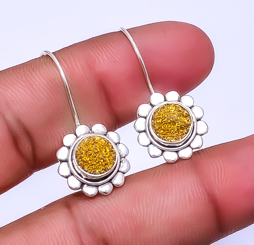 Gold Titanium Agate Drusy 925 Sterling Silver Bali Earring 1.17