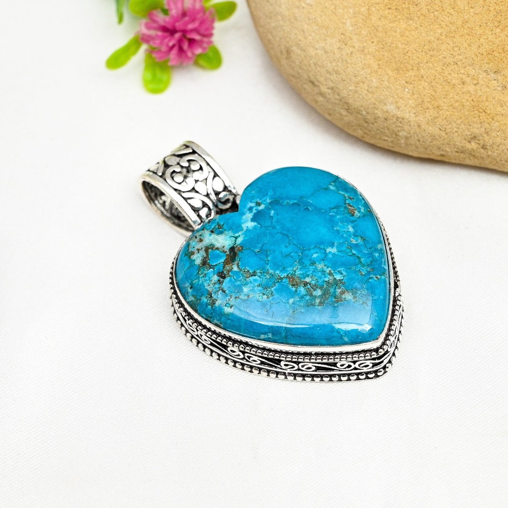 Natural Turquoise Heart Pendant in 925 Sterling Silver Handmade Jewelry