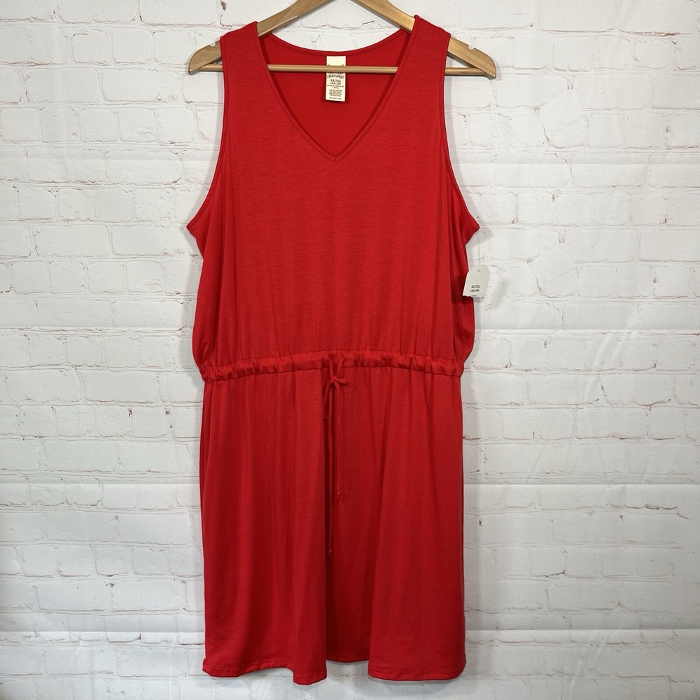 Faded Glory Dress Womens Size 16-18 Red Midi Stretch V Neck NWT