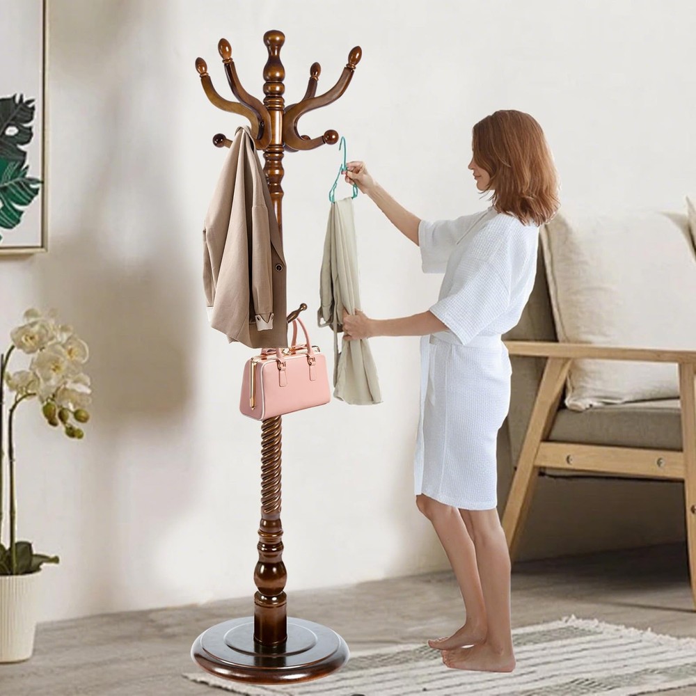 Haicang Solid Wooden Coat Rack Stand, Coat Racks Freestanding with 14 Hooks, ...