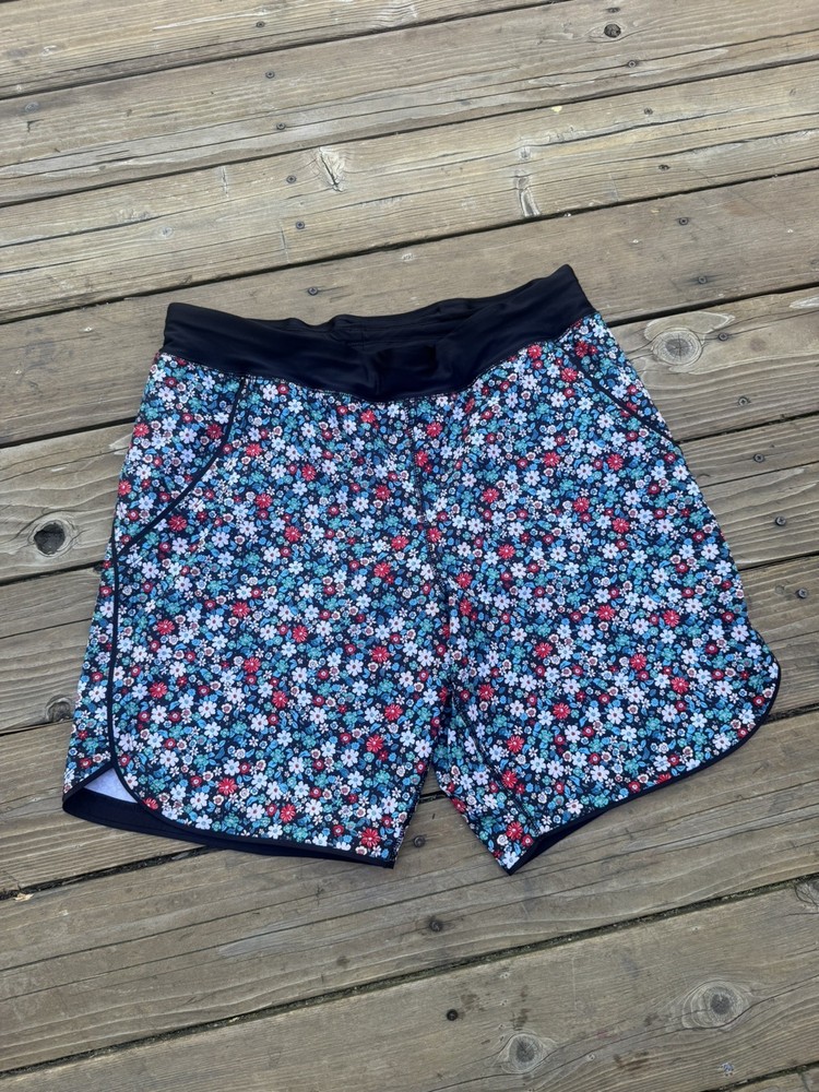 Lands End WOMENS 14 Quick Dry Pull On Swim Shorts Blue Floral Athleisure Modest