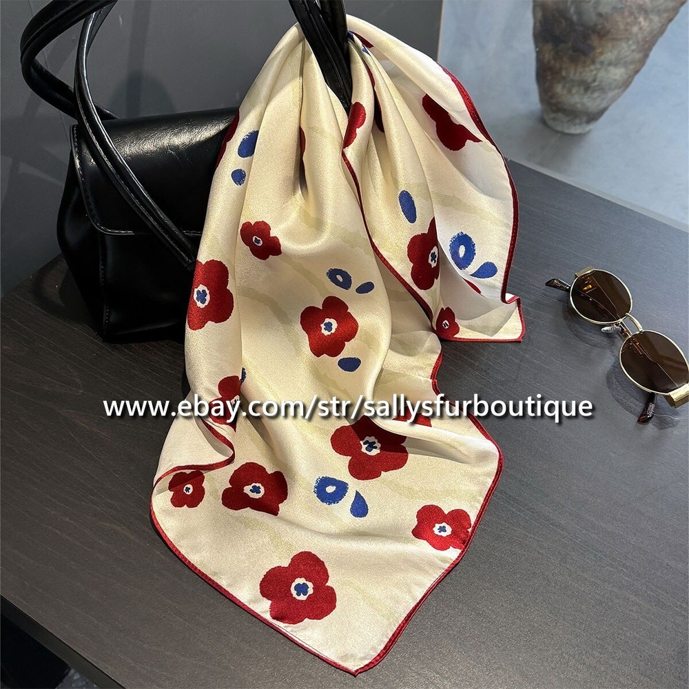 Sallys 100% Satin Silk Scarf Flowers Print Square Neck Hairband 21