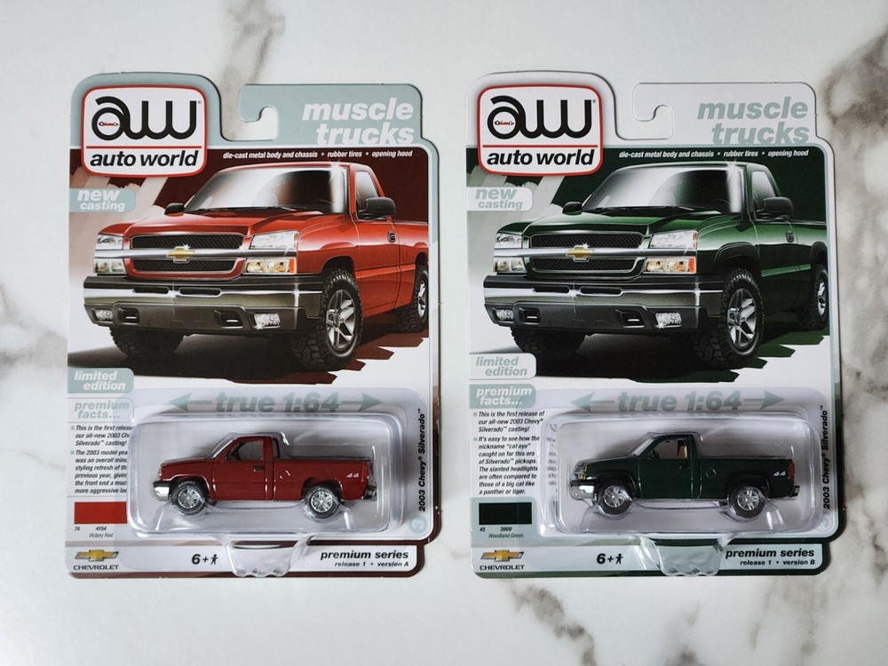 (2) 2024 Auto World Muscle Trucks Red - Green 2003 Chevy Silverado Release 1 & 2