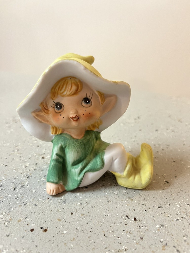 VTG Green Homco Ceramic Bisque Pixie Elf Figurine 5213 Fairy Gnome Decor