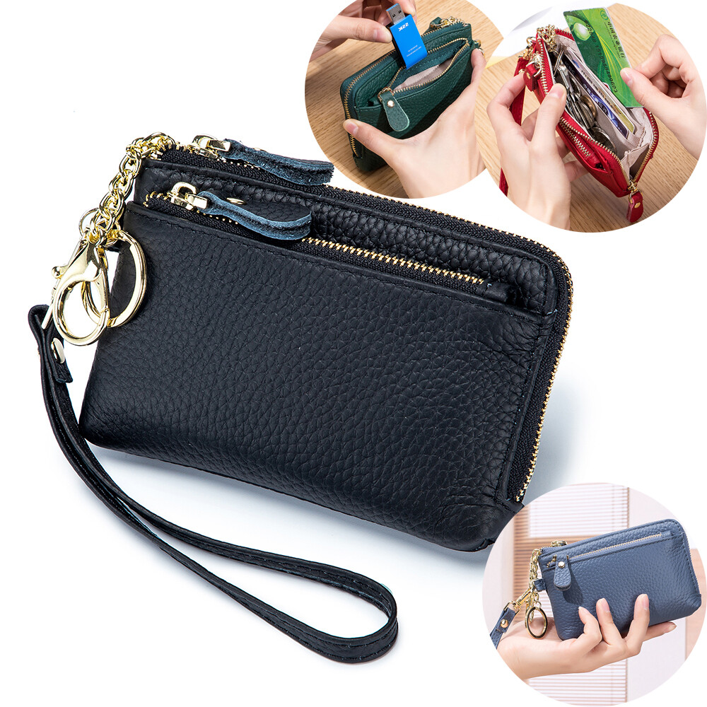 Women Leather Wallet Card Key Holder Zip Wristlet Clutch Bag
