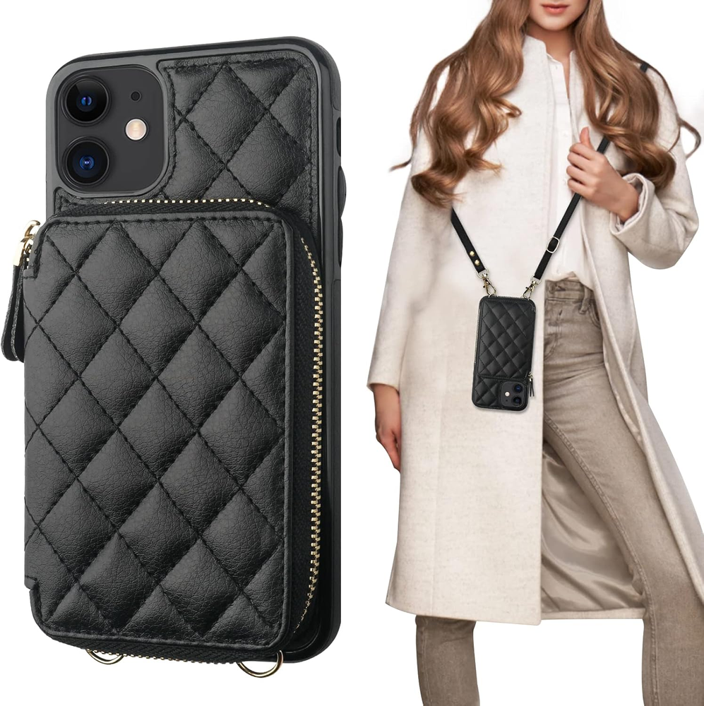Crossbody Wallet Case for Iphone 11, RFID Blocking PU Leather Zipper Handbag Pur