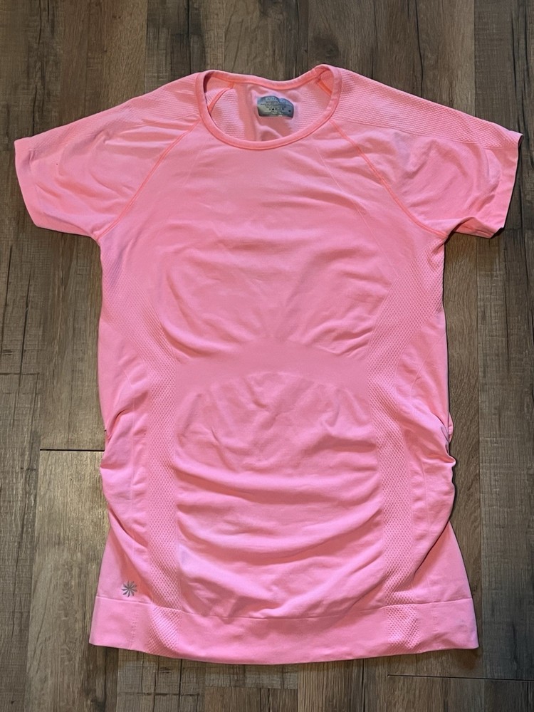 Athleta Top Womens Size M Pink Ruched Sides Short Sleeve Athletic Fitted Logo