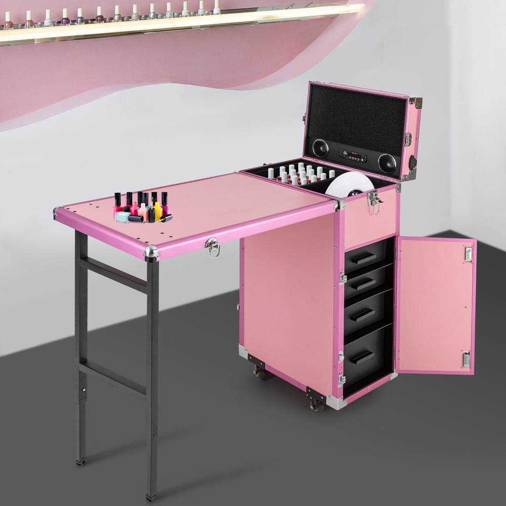Pink Rolling Manicure Table with Speaker Portable Nail and Cosmetic Trolley Travel Case