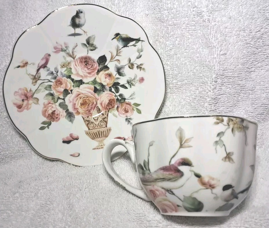 GRACE'S TEAWARE Porcelain Floral Birds Tea Cup & Saucer White & Gold Trim Set