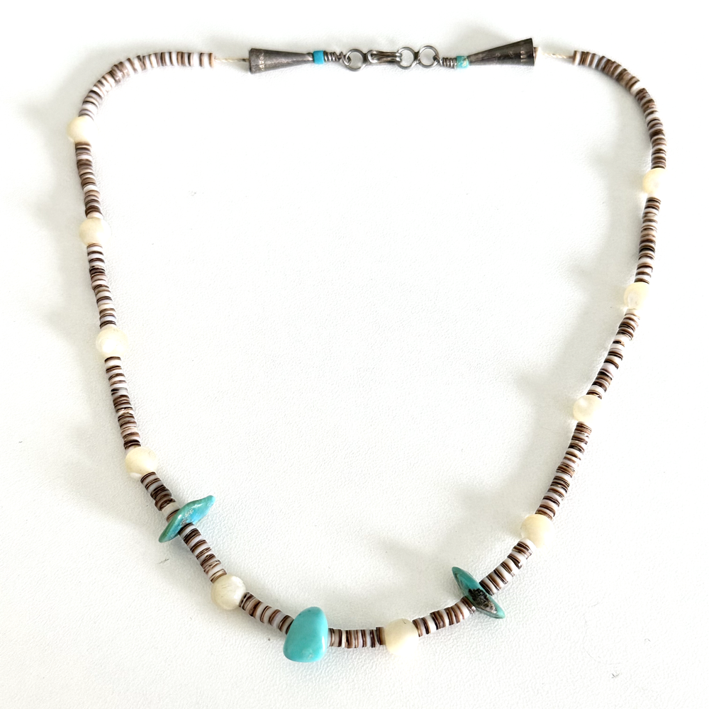 Vintage 925 Sterling Silver Turquoise Mother Of Pearl Heishi Choker Necklace