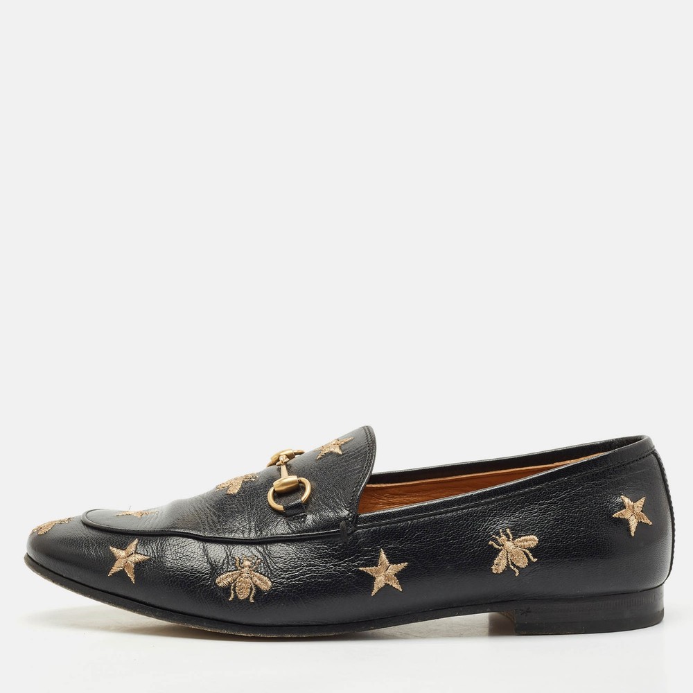 Gucci Black Leather Embroidered Star Bee Horsebit Jordaan Loafers Size 41