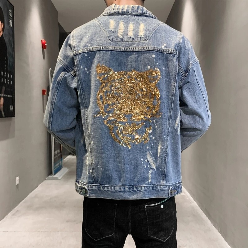 Denim Luxury Fashion Golden Tiger Sequin Embroidery Button Up Men Jeans Jacket
