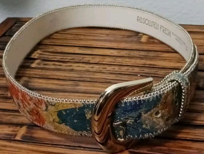 Absolutely Fresh Floral Spackle Painted Beaded Edge Womans Leather Belt Medium