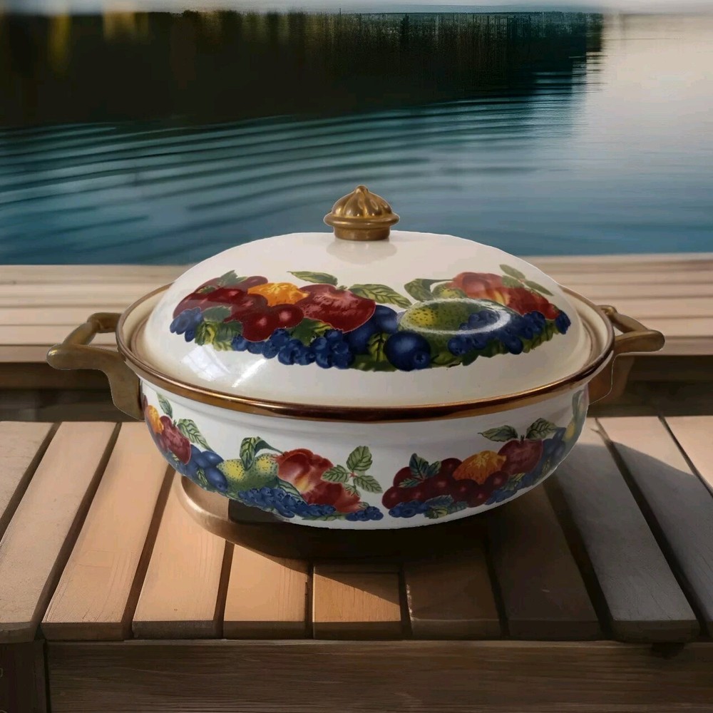 Enamel 10” Cooking Pan With Lid Fruit Pattern Brass Trim And Handles Vintage