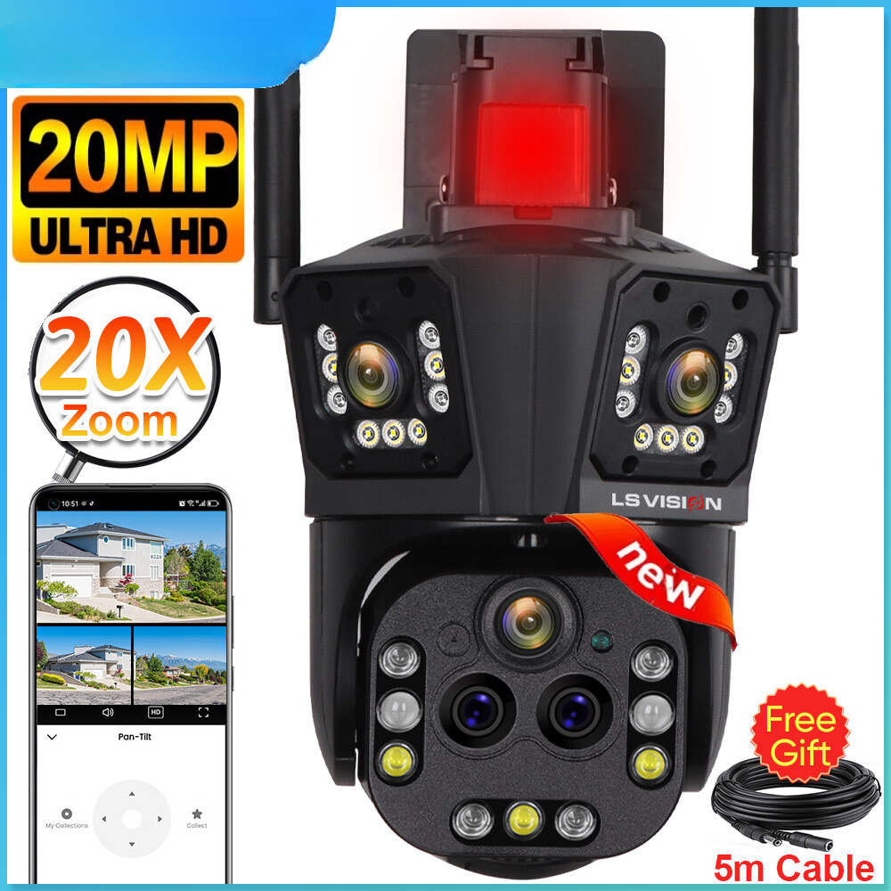 10K 20MP WiFi IP Camera Five Len 20X Zoom 360° Surveillance Ai Tracking CCTV Cam
