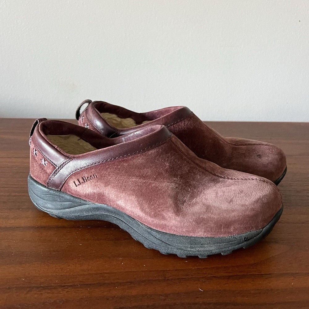 L.L. Bean Women’s Suede Clog Mules Size 6 Burgundy Shearling Lined Slip On Shoes