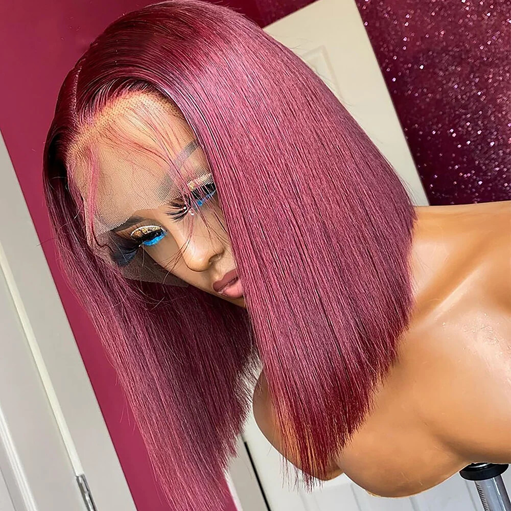 99J Burgundy Straight Human Hair Bob Wig with T-Part Lace & Pre-Plucked Hairline