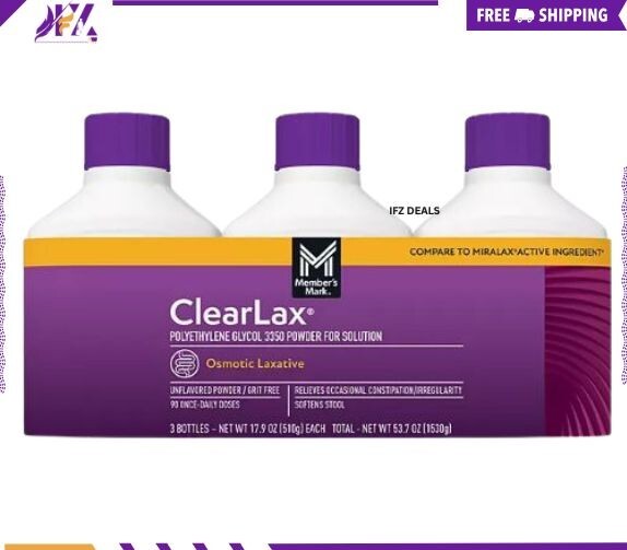 Members Mark ClearLAX PEG 3350 Powder 17.9 oz 3 Pack Laxative Relief
