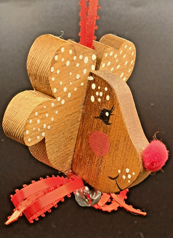 Vintage Wooden Reindeer Ornament Handmade Hand Painted Rustic Christmas Folk Art