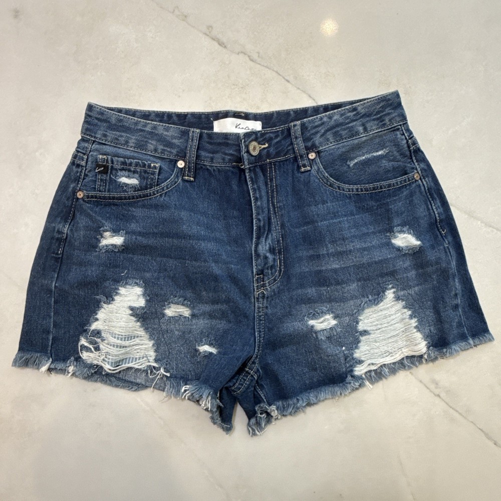 Kancan Distressed Denim Cutoff Shorts Women’s Size 9 / 28 High Rise Frayed Hem