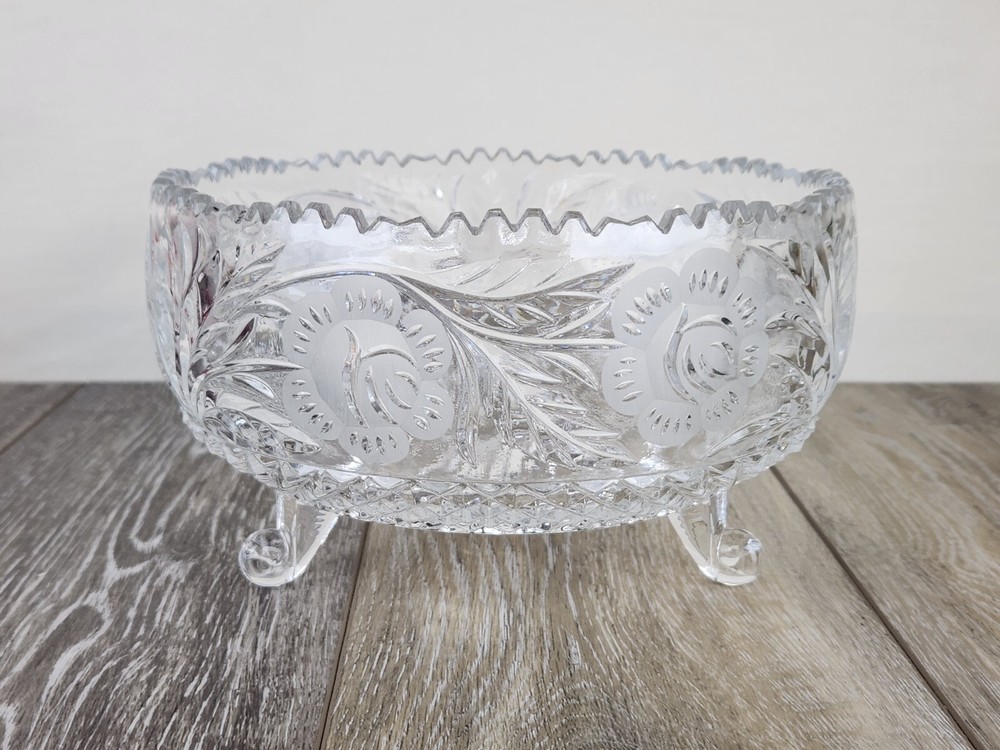 Vintage Floral Etched Cut Crystal Footed Bowl Centerpiece  