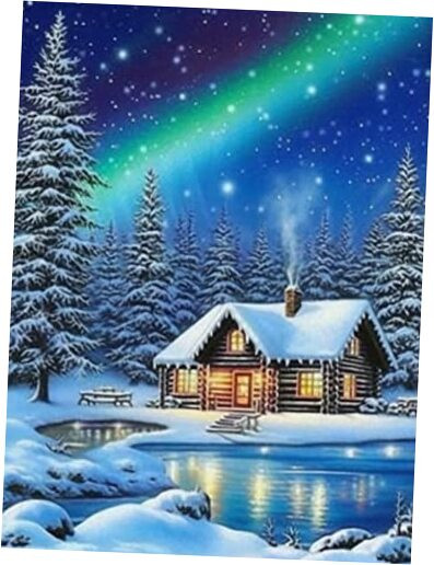 5D Christmas Diamond Painting Aurora Snow Cabin in Winter Full Drill by