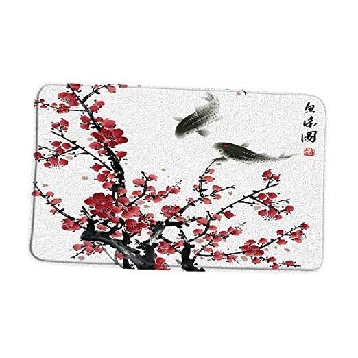Cherry Blossoms Bath Mat Asian Decor Red Plum Blossom Bloom Trees 16 x 24 Inch