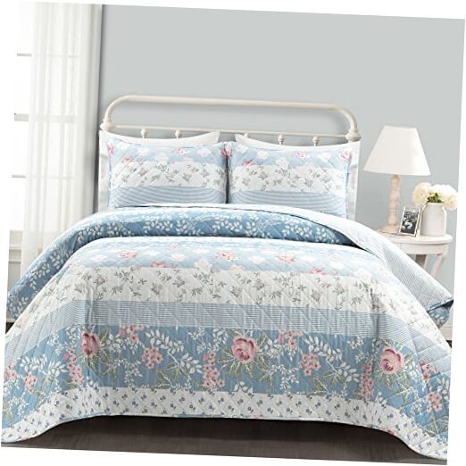 Cottage Core Flower Stripe Oversized Reversible 3 Full/Queen Blue & Dusty Pink