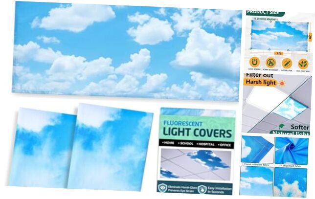 Pack Fluorescent Light Covers, 4xFeet Magnetic Light Covers for 2 Sky Cloud