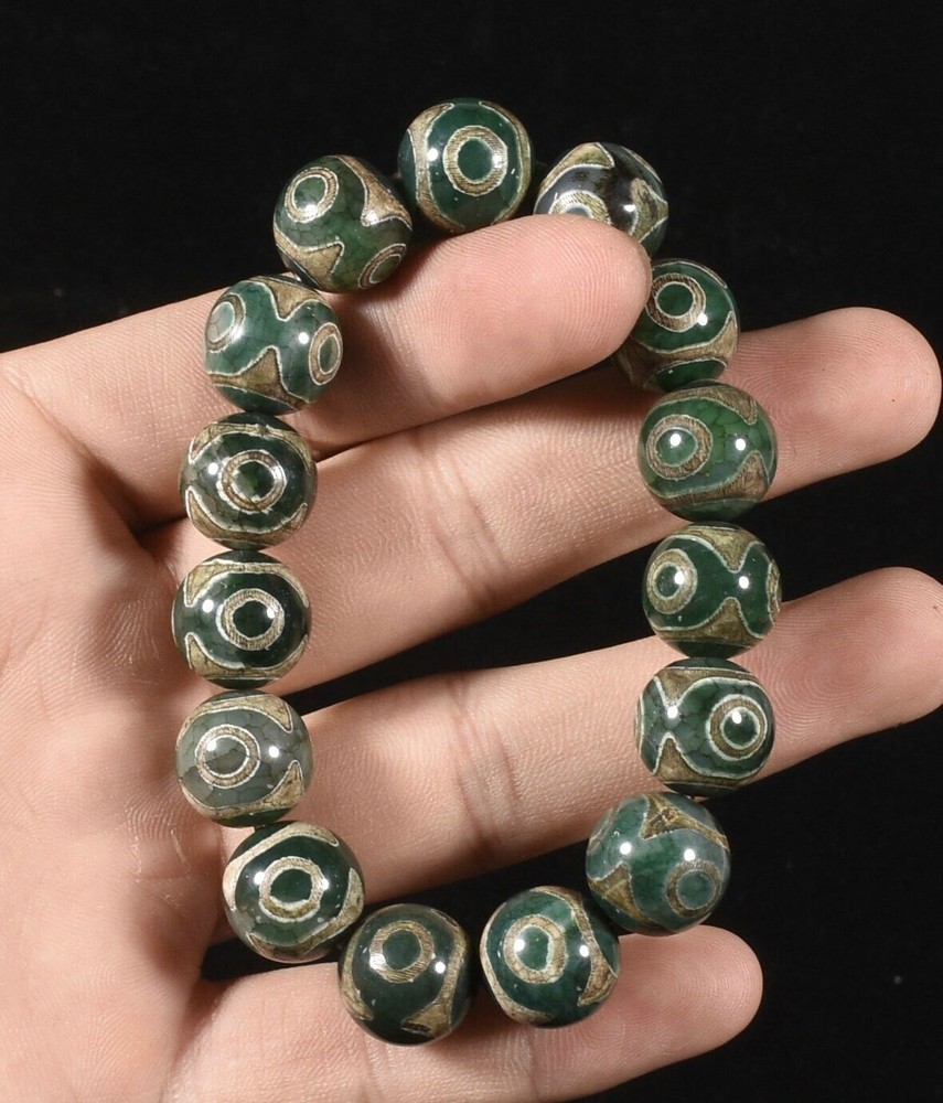 Old Tibet Natural Agate Onyx Dzi Beads Exorcism Amulet Bracelet