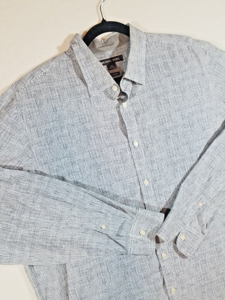 MICHAEL KORS Mens Button Down Collared Dress Shirt Blue Pattern Long Sleeve 2XL