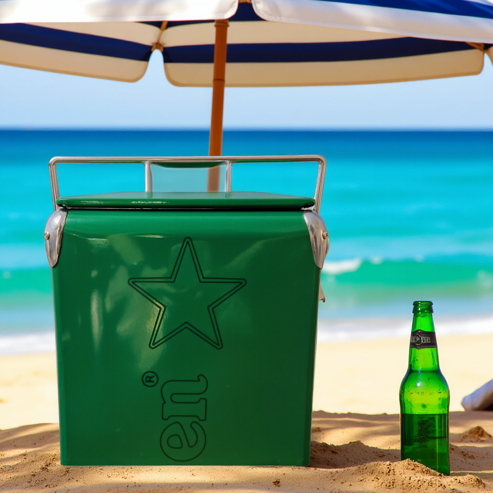 Heineken Classic Green Metal Ice Chest, 14Qt Portable Beverages Beer Ice Bucket