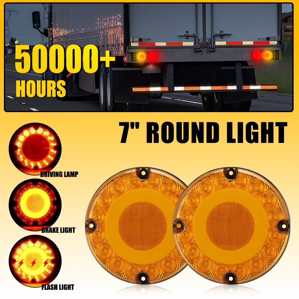 Double 7-Inch Amber Round LED Truck Trailer Tail Brake Turn Signal Light 12-24V M