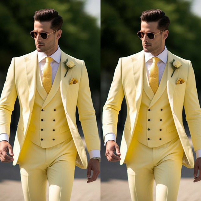 Elegant Light Yellow Peak Lapel Double-Breasted Groom Tuxedo Vest