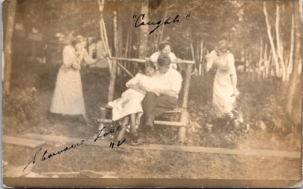 Shawano Lake Wisconsin 1912 Romantic Couple Caught Chaperone RPPC Postcard 16258