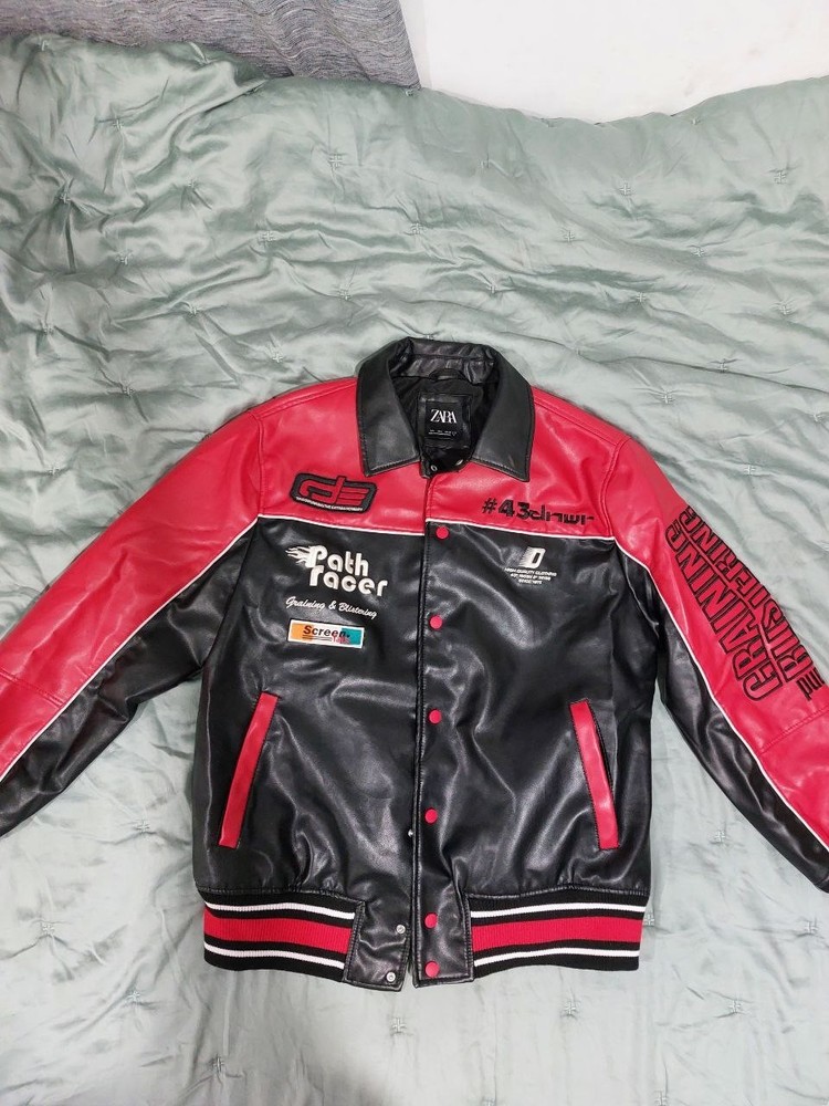 Zara Men's Path Racer Biker Jacket Red Faux Leather Size Large Pre-Owned