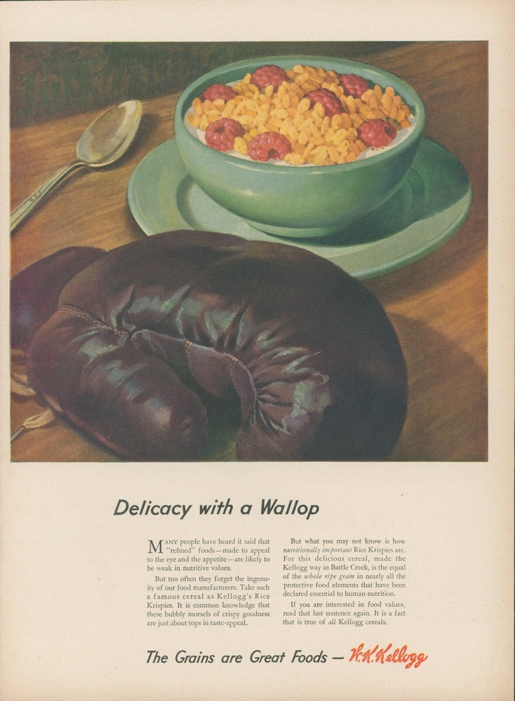 1944 Kelloggs Rice Krispies Boxing Glove Delicacy With Wallop Bowl Print Ad L6