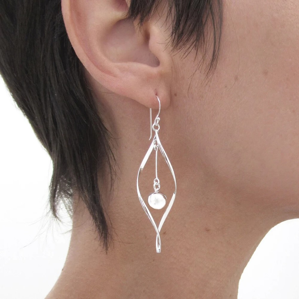 Long Twisted dangle earrings with ball in sterling silver, Contemporary earrings