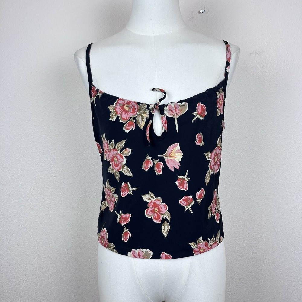 Vintage Uptown USA Shirt Womens Small 90s Y2K Floral Cropped Cami Cottage Black