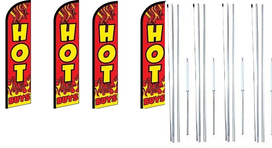 Hot Buys (Red) Windless Flag With Complete Hybrid Pole set- 4 pack