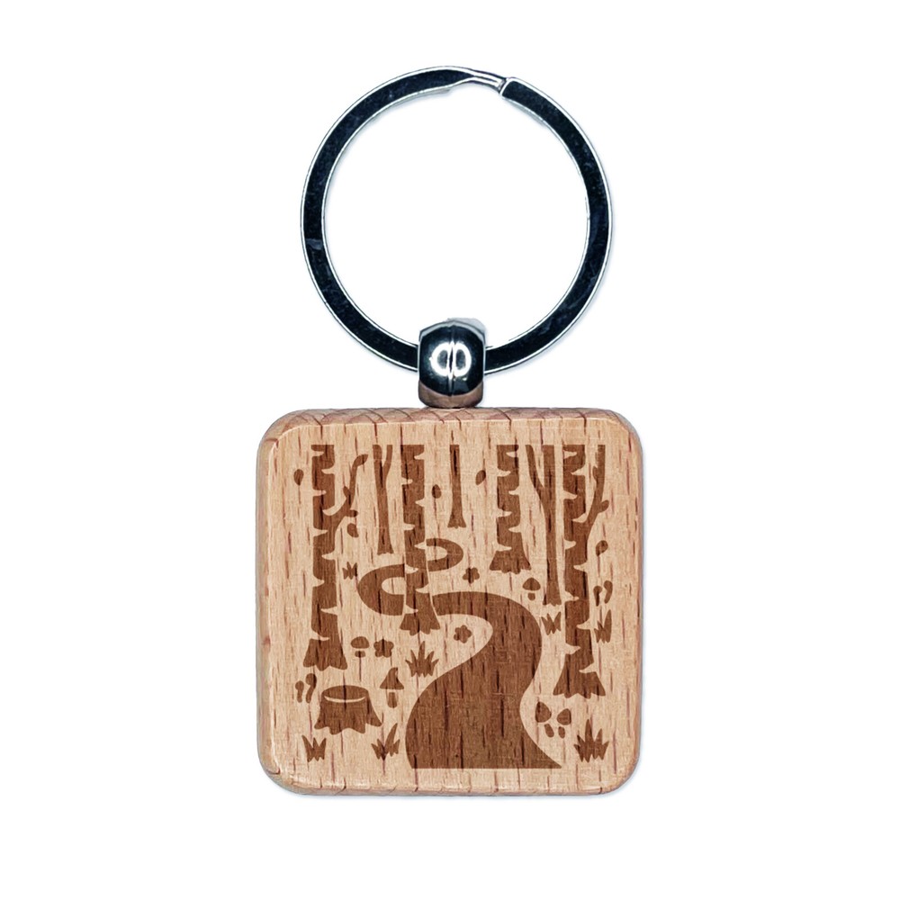 Forest Trail Birch Trees and Mushrooms Engraved Wood Square Keychain Tag Charm